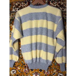 90s VTG Oversized Butter Yellow Striped Ribbed Crewneck Cotton Knit Sweater sz L thumbnail 7