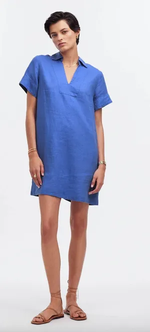 Madewell V Neck Mini Dress Linen Blue Pockets Easy Shift Relaxed Coastal XS NWT thumbnail 1