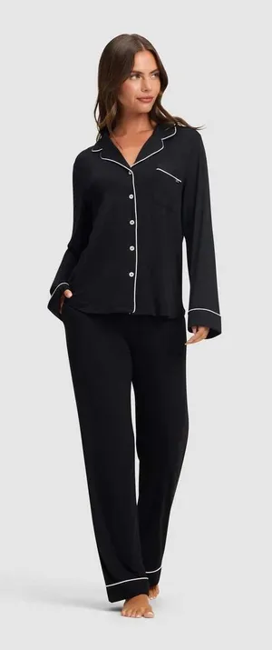 Cozy Earth Pajama Set L Black Bamboo Stretch-Knit Long Sleeve Button Down thumbnail 1