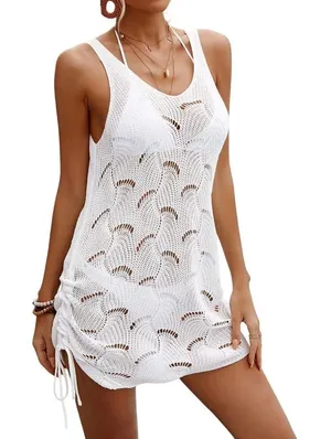 SheIn Summer Beach Hollow Out Drawstring Side Cover Up Dress in White, Size M​​​ thumbnail 1