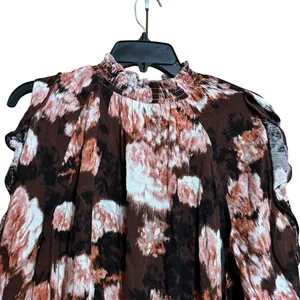Maurices Top Large Multicolor Abstract Boho Mock Neck Cold Shoulder Ruffles thumbnail 2