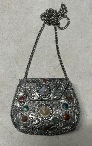 Vintage Sajai Metal Purse with Multicolor Agate Stones and Silver Chain Strap thumbnail 1