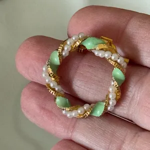 Source Unknown Vintage Gold Tone Wreath Brooch with Faux Pearls and Green Enamel Leaves thumbnail 4