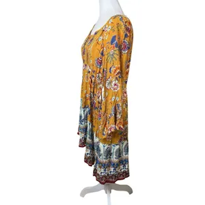 Altar'd State Boho Mini Dress Mustard Yellow Floral Medium Peasant Festival Chic thumbnail 4