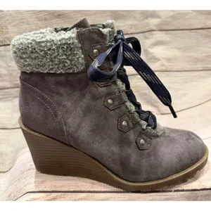 SM New York Women's Frenzy Boots Wedge Heel Brown Suede like Size 6 thumbnail 3