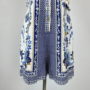 NWOT Farm Rio Linen Blend Floral Print Romper Blue Size S thumbnail 8