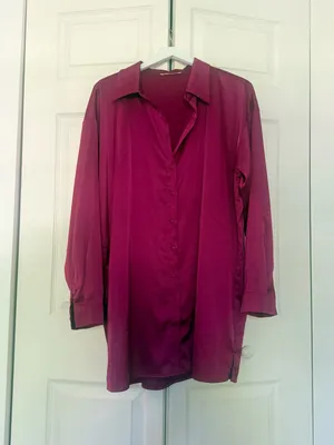 12th Tribe Hot Pink Satin Shiny Shirt Dress Button Down Collared Mini Large thumbnail 2