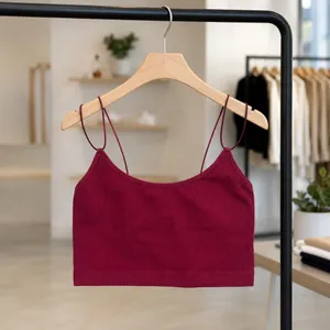 Burgundy Ribbed Double Strap Cami Crop Top Y2K Soft Girl M thumbnail 3