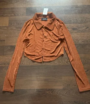 Cider Long Sleeve Button Down Crop Top Bronze Brown Medium thumbnail 1