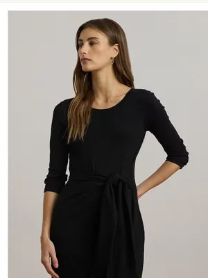 NWT Lauren Ralph Lauren Tie Front Cotton Blend Crewneck Dress Black thumbnail 4