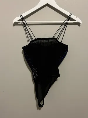 Haute Monde Black Solid Semi-Transparent Sheer Rhinestone Bodysuit One Piece M thumbnail 3