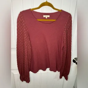 Madewell Maroon Texture & Thread Eyelet Mix Ruffle-Sleeve Top thumbnail 2