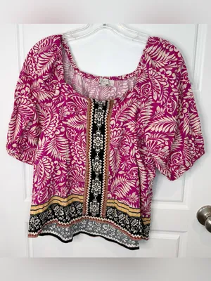 Loft Petites Pink Botanical Print Square Neck Puff Sleeve Blouse MP NWT thumbnail 2