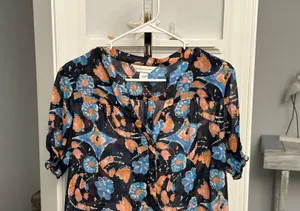 Christopher & Banks Sz M Sheer Floral Blouse Navy Blues Pinks White thumbnail 2