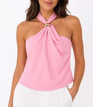 Halter Top Womens L Draped Gold Hardware Pink Sleeveless Good thumbnail 1