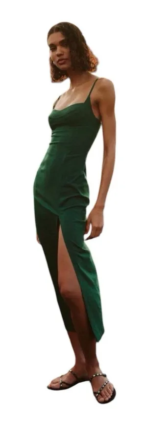 Zara Linen Blend Strappy Midi Dress in Green Size S Cowl Neck Slit thumbnail 1