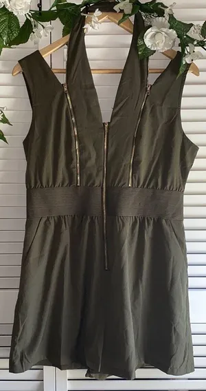 Army Green Sleeveless Romper W/ Gold Zippers thumbnail 1