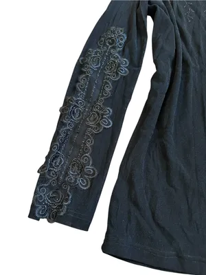 Black High Neck Long Sleeve Top Embroidered Rhinestones Gothic Romantic Witchy thumbnail 4