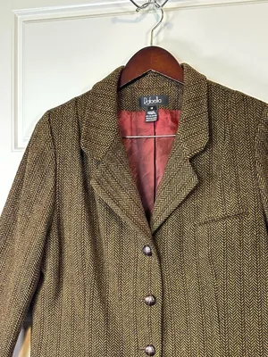 Vintage 2000s Rafaella Women’s Brown Herringbone Tweed Wool Blazer Size 16 thumbnail 3