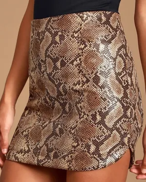 Lulus - NWOT Wild Card Snake Print Vegan Leather Mini Skirt Tan XL thumbnail 1