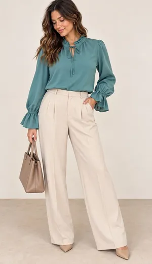 J.Crew Teal Green Ruffle Neck Tie Blouse Smocked Cuff Long Sleeve Top Size L thumbnail 1