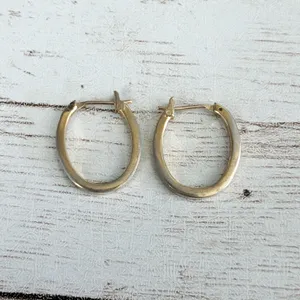 Vintage Earrings For Pierced Ears - Dainty Dull Gold Tone Elongated Hoops thumbnail 3
