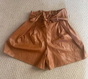 High-Waist Faux Leather Paperbag Shorts in Brown thumbnail 1