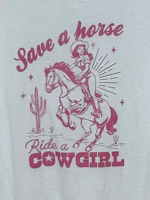 Save a Horse, Ride a Cowgirl Graphic Tee L 22” p2p White NWOT thumbnail 4