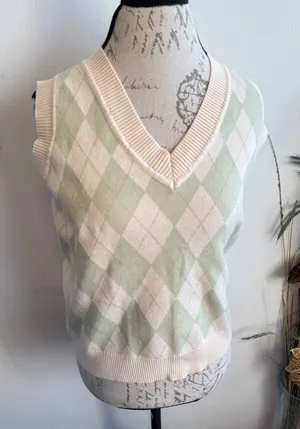 Princess Polly Argyle Sweater Vest Sage Green‎ Cream V-Neck Knit large thumbnail 1