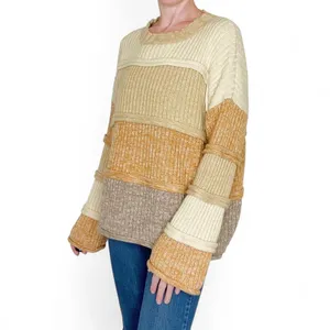 Entro Beige Brown Tan Striped Patchwork Flared Sleeve Sweater thumbnail 2