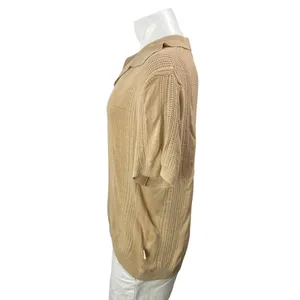 Urban Outfitters Men's Beige Short Sleeves Open Knit Striped Polo Sweater Top L thumbnail 2