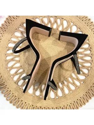 SCHUTZ Salwa Rhinestone Square Toe Heels Black Suede Block Size 7.5 thumbnail 5