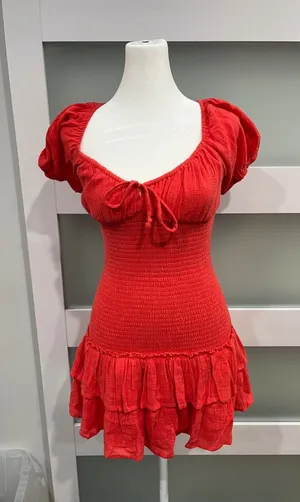Sky to Moon Red orange Mini Dress Puff‎ Sleeve Tiered Ruffle Small NEW thumbnail 1