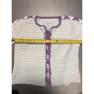 Handmade Crochet Cardigan Womens Medium Cream Purple‎ Bows Tie Front Long Slv thumbnail 6