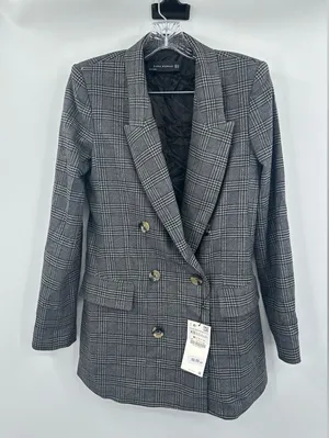 Zara Woman NWT Double Breasted Gray Checkered‎ Blazer Jacket Size XS thumbnail 1