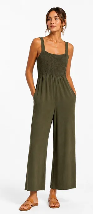 Olive Green‎ West Kei Ruched Tank Wide leg jumpsuit Tall Modern Vacation Resort thumbnail 1