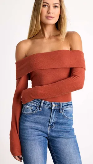 Lulus Sabriel Rust Orange Off-the-Shoulder Long Sleeve Top - Womens Size L thumbnail 1
