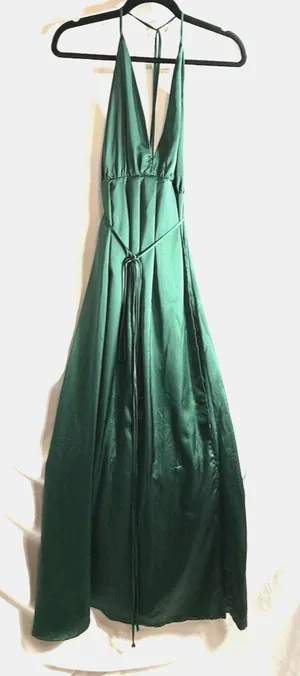 Dress to Success Halter Top Lounging Dress Maxi Women's M Green Satin Open Skirt thumbnail 1