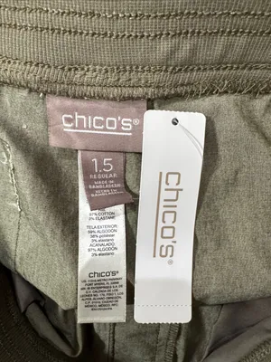 Chico’s Cuffed Cropped Tab Olive Green Seamed Pants elastic waistband Cotton 10 thumbnail 11