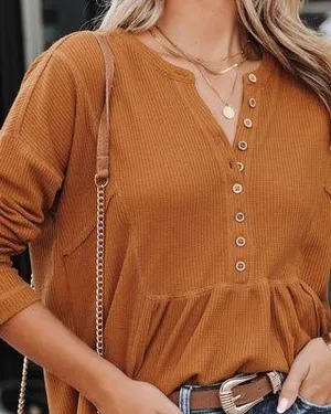 Vici Elisa Waffle Knit Henley Top - Camel thumbnail 2