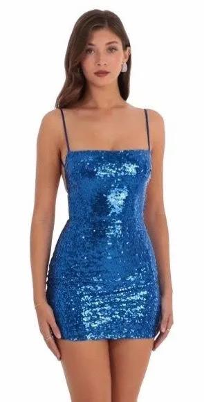 Lucy in The Sky Sequin Bodycon Dress in Blue S Small Open Back Strappy Mini thumbnail 1