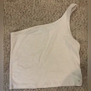 Aerie Cream and White Striped One-Shoulder Tank Top thumbnail 1