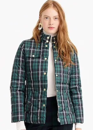 J. Crew Womens Puffer Jacket Size Small Green Tartan Plaid Zip Front (NO BELT) thumbnail 1