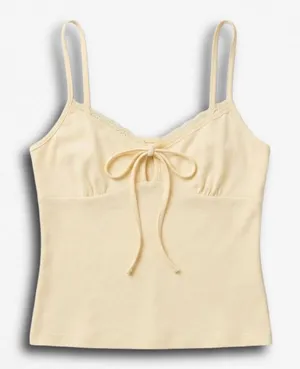Me to We Women Pale Yellow Lace Trim‎ Tie Front Camisole Tank Top Small thumbnail 1