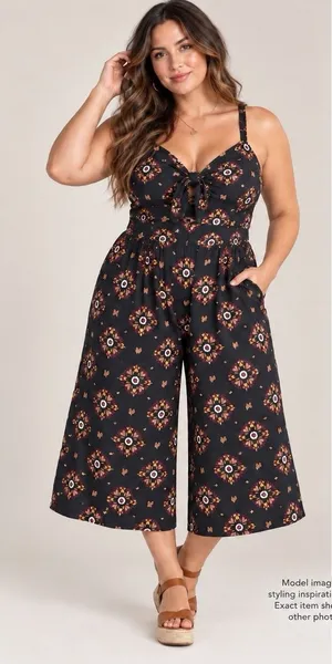 Torrid Jumpsuit Womens XL Black Batik Sun Tie Front Culotte Rayon Boho Festival thumbnail 1