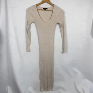 Maxi Bodycon Dress Womens Small Ribbed Knit Long Sleeve Scoop Neck Beige Tan thumbnail 4