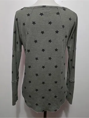 Lucky Brand Small Olive Star Print Waffle Knit Thermal Top Bohemian Casual thumbnail 5