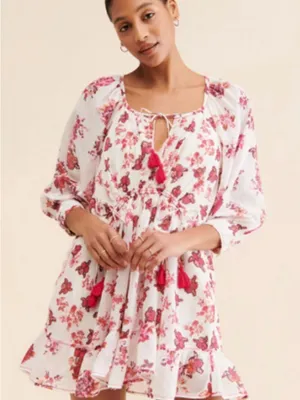 Free People White floral babydoll ruffle dress with Pink Floral Neckline thumbnail 1