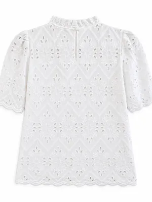 PrettyGarden Womens Small White Eyelet Embroidered Puff Sleeve Ruffle Top thumbnail 5