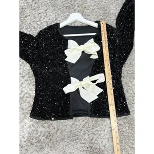Sequin Bow Jacket Womens Medium Black Cropped Tie Front Evening Party thumbnail 7